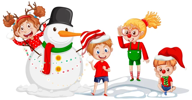 Children with a snowman on white background illustration