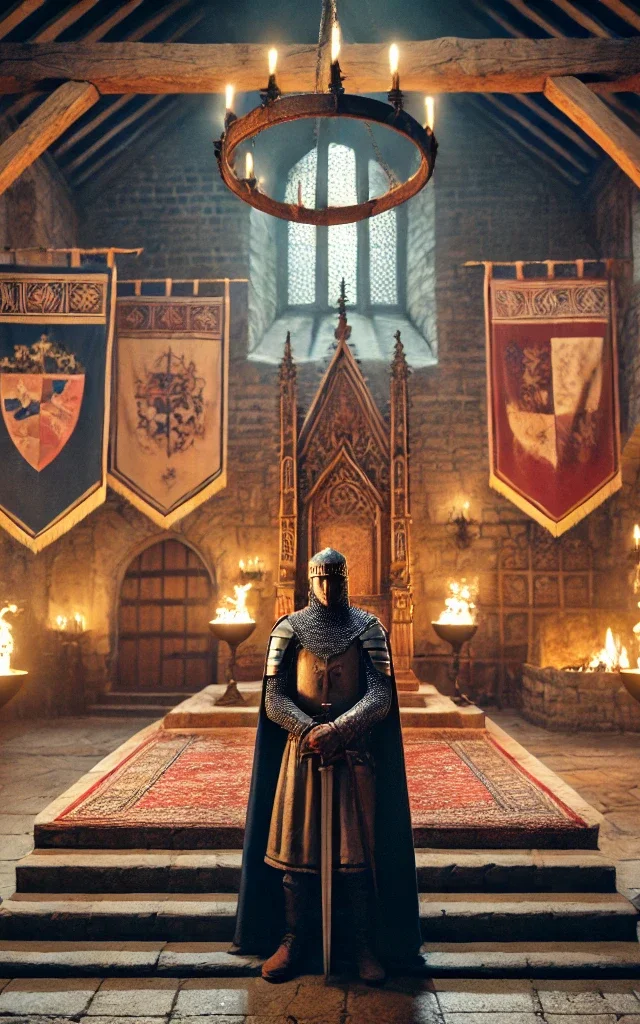 DALL·E-2025-02-12-15.33.36-A-medieval-knight-standing-in-a-grand-castle-hall-with-torches-on-stone-walls-large-wooden-beams-and-colorful-banners-hanging.-Behind-him-a-throne-.webp