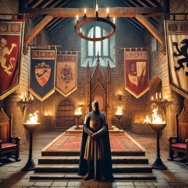 DALL·E-2025-02-12-15.33.36-A-medieval-knight-standing-in-a-grand-castle-hall-with-torches-on-stone-walls-large-wooden-beams-and-colorful-banners-hanging.-Behind-him-a-throne-.webp